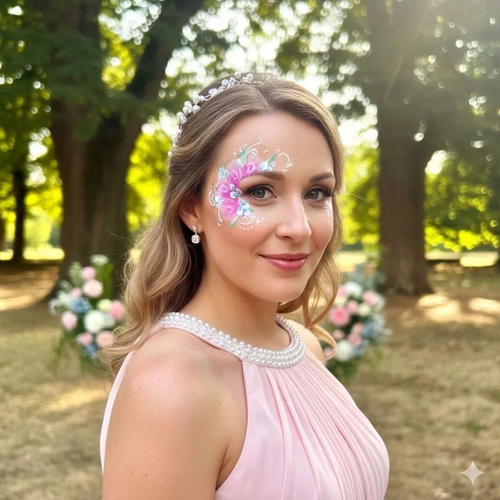 Maquillage demoiselle d'honneur avec fleurs blanches et strass - cérémonie mariage