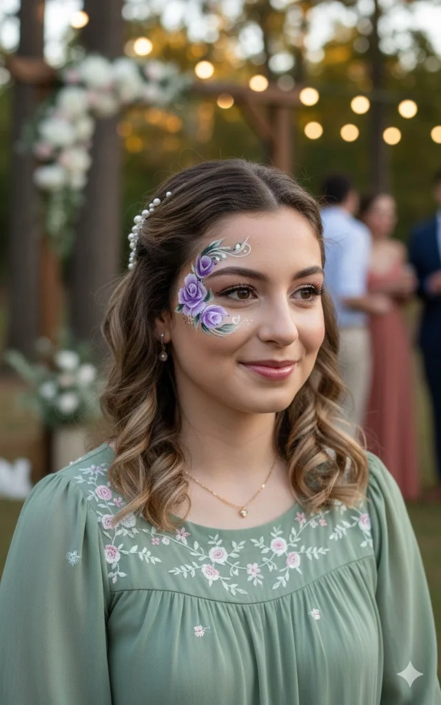 Maquillage artistique floral violet pour invitée - soirée réception mariage