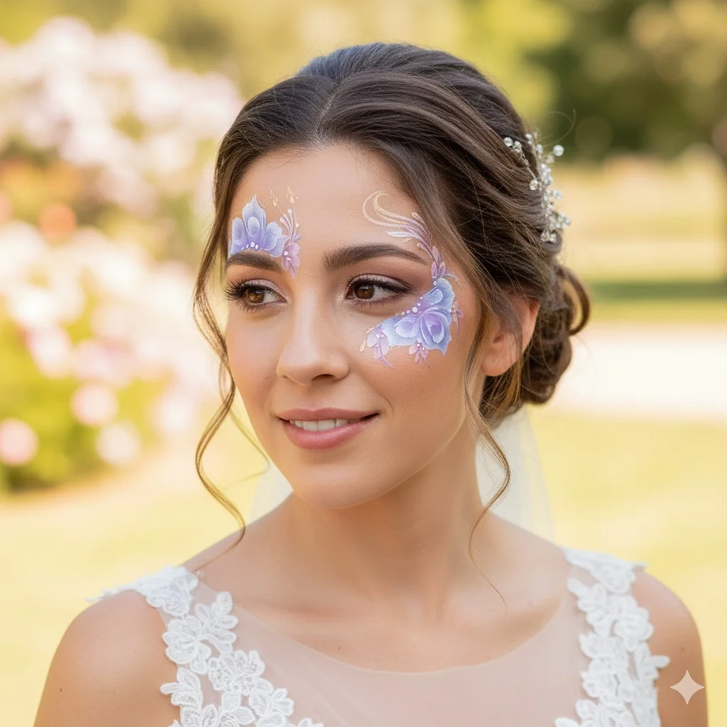 Maquillage mariée avec ornements floraux dorés et strass - Art FMR Cosne-sur-Loire